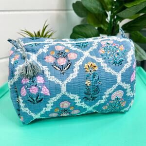 Cotton Quilted Makeup Cosmetic Bag Blue Wildflowers
